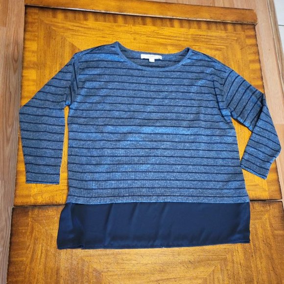 LOFT Blue Striped Mixed Fabric Top - Picture 2 of 10